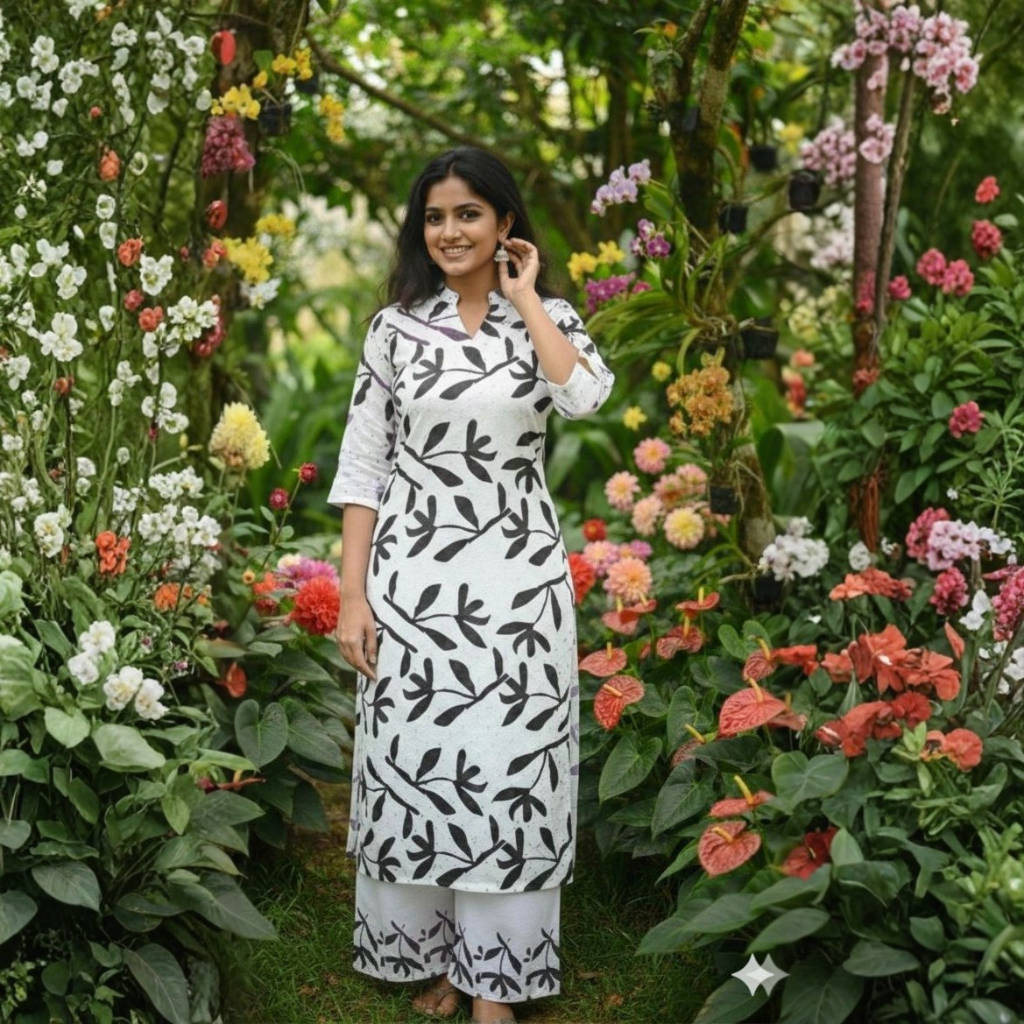 KURTI A-NK(with lining hakoba codeset)Elegant Leaf Bloom Kurti