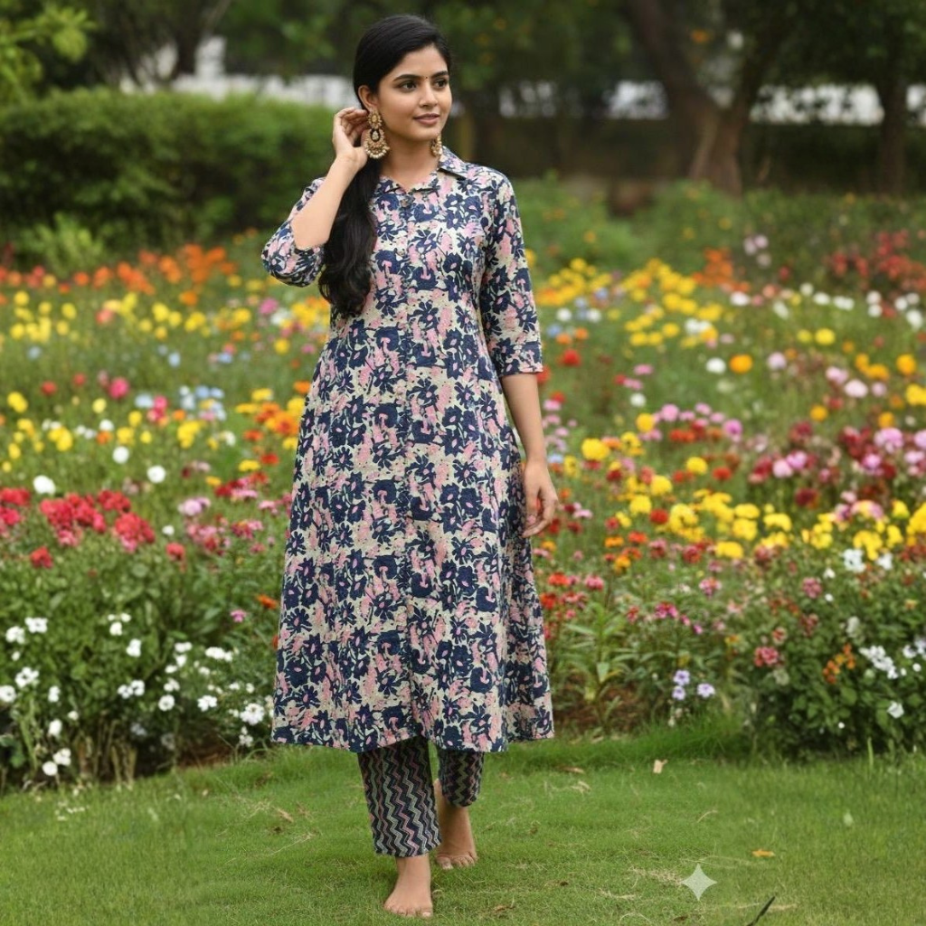 KURTI A-LC (with lining code set) Navy Blossom Charm