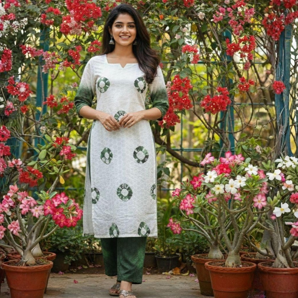 KURTI A-NL(Top&bottom with lining hakoba codesetGREEN BLOOM