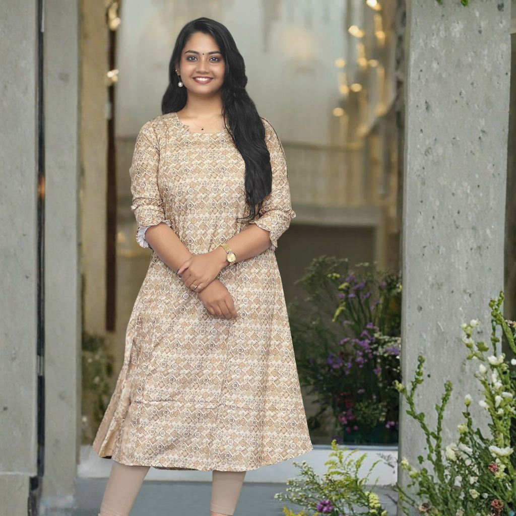 BEIGE AND BROWN KURTI ( A LINE )