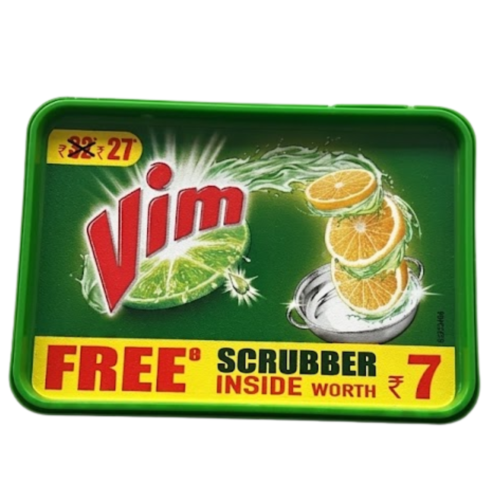Vim Dishwash Bar Lemon Tub, With Power Of 100 Lemon, Fastest On Burnt Food Stains, Comes With A Sturdy Re-Usable Box And Free Scrubber, 250g